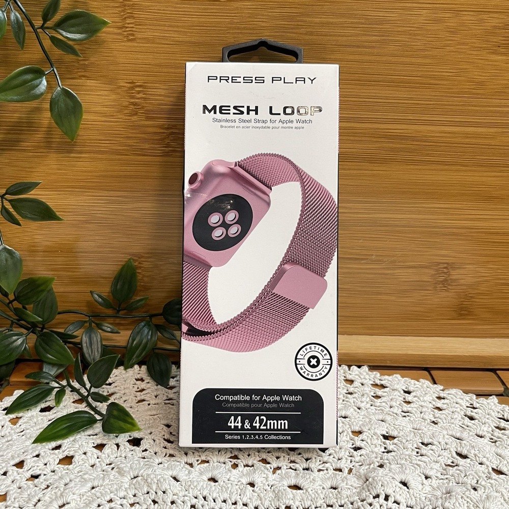 Press Play Pink Mesh Loop Apple Watch Band Stainless Steel Strap 42mm 44mm